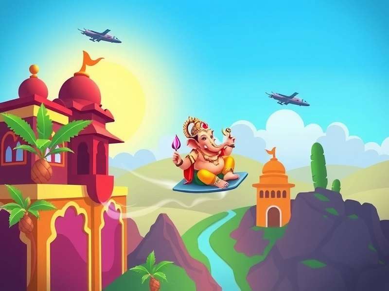 Ganesh Glide Galore gameplay screenshot showing Lord Ganesha gliding through colorful Indian landscapes
